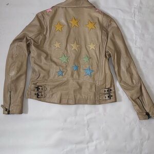 Mauritius Christy Tan Leather Motorcycle Jacket w Rainbow Stars - Free People